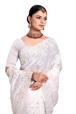 Designer white resham sequence embroidery work silk saree 5