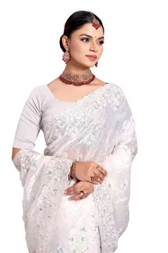 Designer white resham sequence embroidery work silk saree