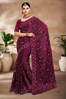 Designer wine resham sequence embroidery work silk saree 1