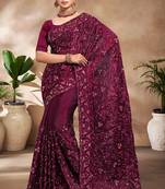 Designer wine resham sequence embroidery work silk saree