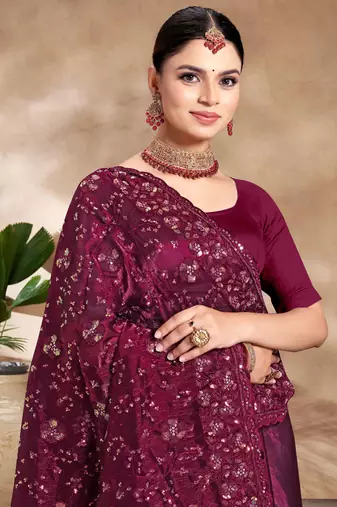 Designer wine resham sequence embroidery work silk saree