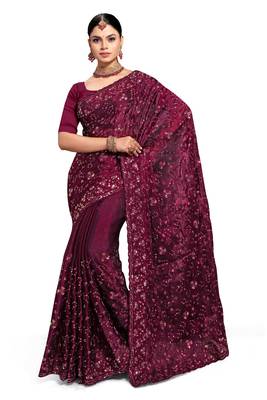 Designer wine resham sequence embroidery work silk saree 4