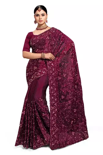 Designer wine resham sequence embroidery work silk saree