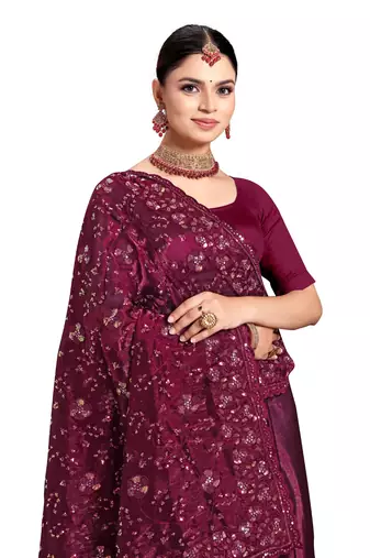 Designer wine resham sequence embroidery work silk saree