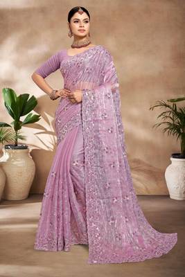 Lavender designer resham sequence embroidery work silk saree 1