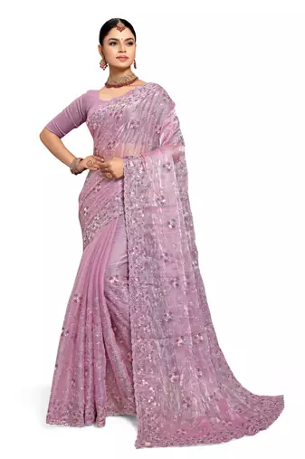 Lavender designer resham sequence embroidery work silk saree