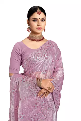 Lavender designer resham sequence embroidery work silk saree