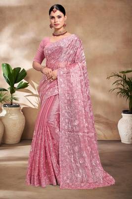 Pink designer resham sequence embroidery work silk saree 1