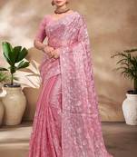 Pink designer resham sequence embroidery work silk saree