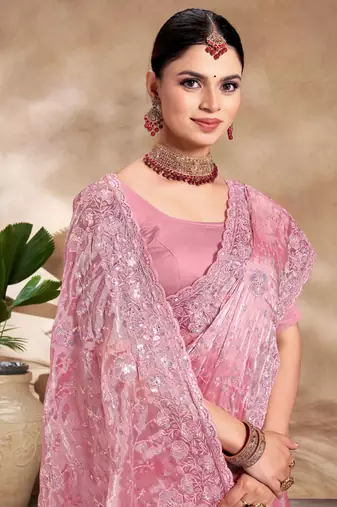 Pink designer resham sequence embroidery work silk saree