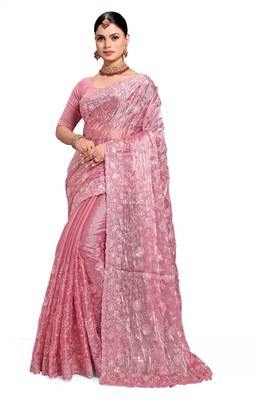 Pink designer resham sequence embroidery work silk saree 4