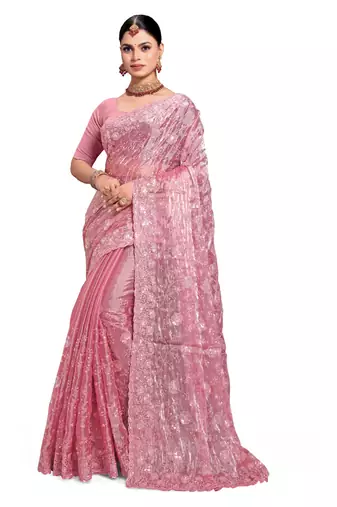 Pink designer resham sequence embroidery work silk saree