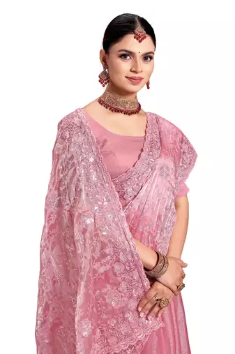 Pink designer resham sequence embroidery work silk saree