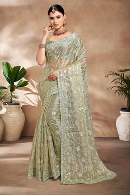 Pista designer resham sequence embroidery work silk saree 1