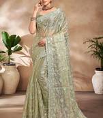 Pista designer resham sequence embroidery work silk saree