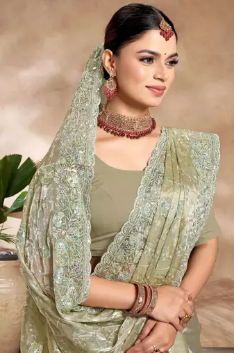 Pista designer resham sequence embroidery work silk saree
