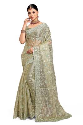 Pista designer resham sequence embroidery work silk saree 4