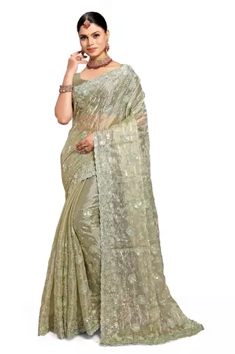 Pista designer resham sequence embroidery work silk saree