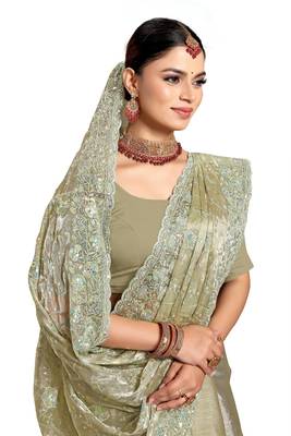 Pista designer resham sequence embroidery work silk saree 5