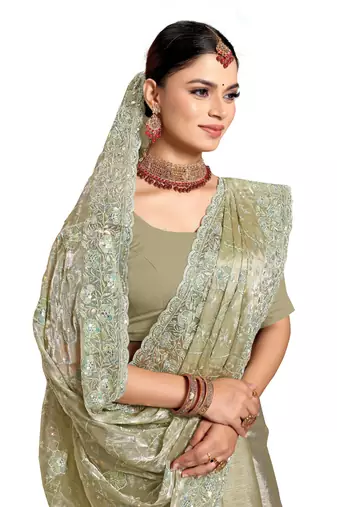 Pista designer resham sequence embroidery work silk saree