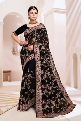 Designer black heavy resham embroidery work saree 1