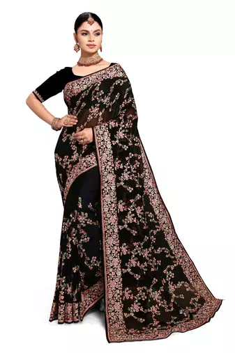 Designer black heavy resham embroidery work saree