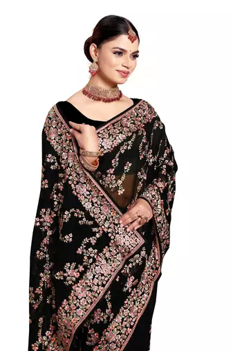 Designer black heavy resham embroidery work saree