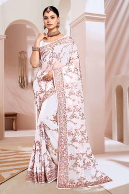 Designer white heavy resham embroidery work saree 1
