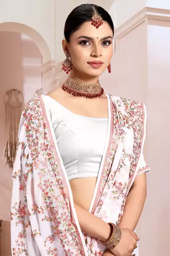 Designer white heavy resham embroidery work saree