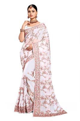 Designer white heavy resham embroidery work saree 4