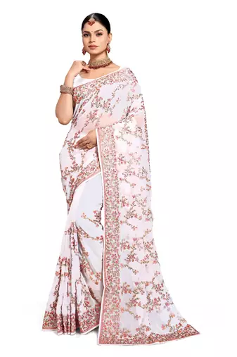 Designer white heavy resham embroidery work saree