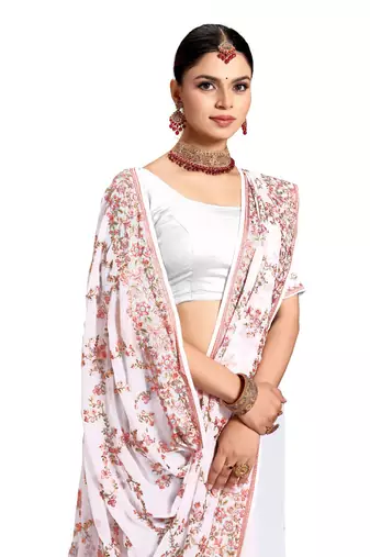 Designer white heavy resham embroidery work saree