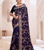 Designer navy blue heavy resham embroidery work saree