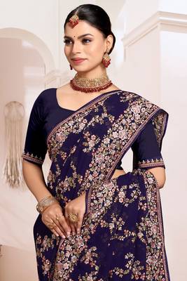Designer navy blue heavy resham embroidery work saree 2