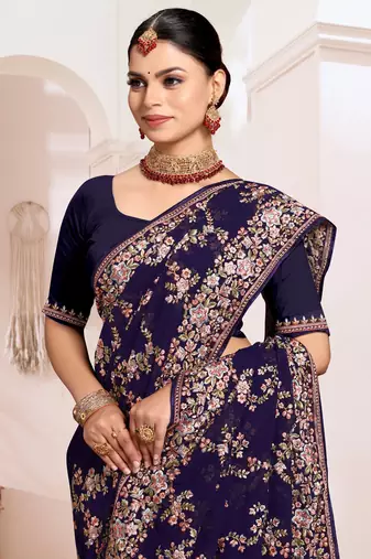 Designer navy blue heavy resham embroidery work saree
