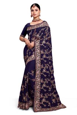 Designer navy blue heavy resham embroidery work saree 4