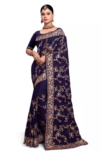 Designer navy blue heavy resham embroidery work saree