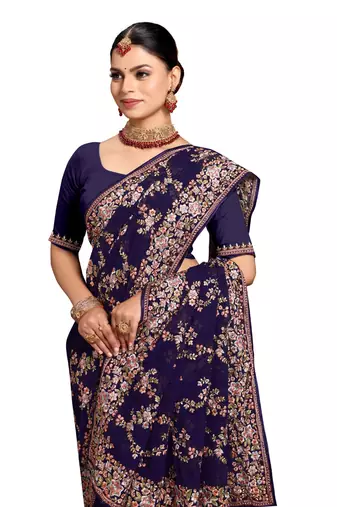Designer navy blue heavy resham embroidery work saree