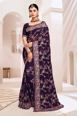 Designer purple heavy resham embroidery work saree 1