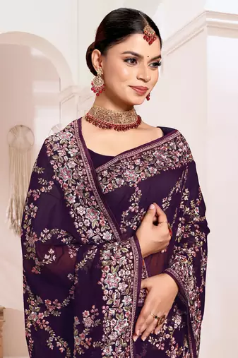 Designer purple heavy resham embroidery work saree