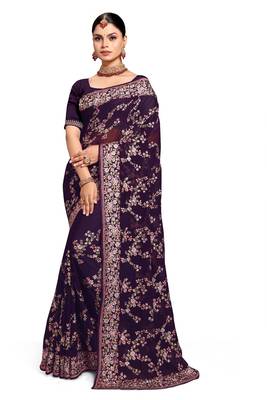Designer purple heavy resham embroidery work saree 4