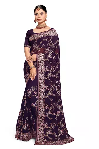 Designer purple heavy resham embroidery work saree