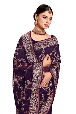 Designer purple heavy resham embroidery work saree 5