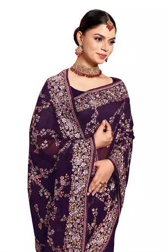 Designer purple heavy resham embroidery work saree