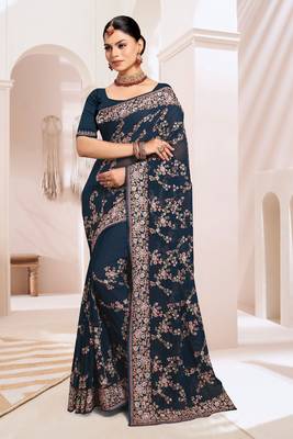 Designer morpeach heavy resham embroidery work saree 1