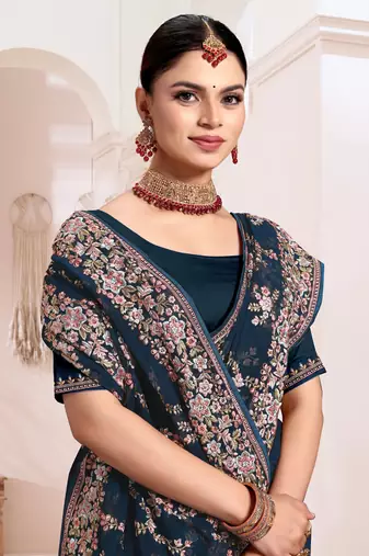 Designer morpeach heavy resham embroidery work saree