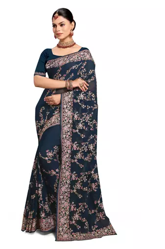 Designer morpeach heavy resham embroidery work saree