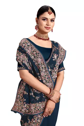 Designer morpeach heavy resham embroidery work saree