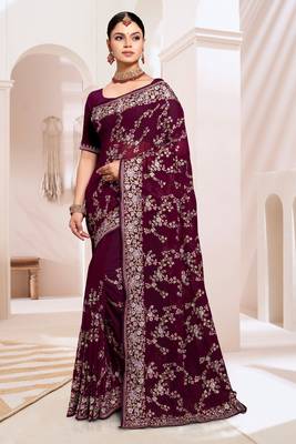 Designer wine heavy resham embroidery work saree 1