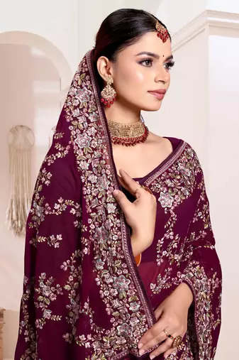 Designer wine heavy resham embroidery work saree